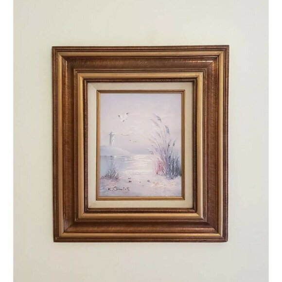 Vintage Beach Ocean Lighthouse Hand Painted Original Oil Painting K Cummings - Picture 1 of 5